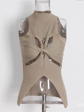 Knot-Front Ribbed Sleeveless Top - Beige